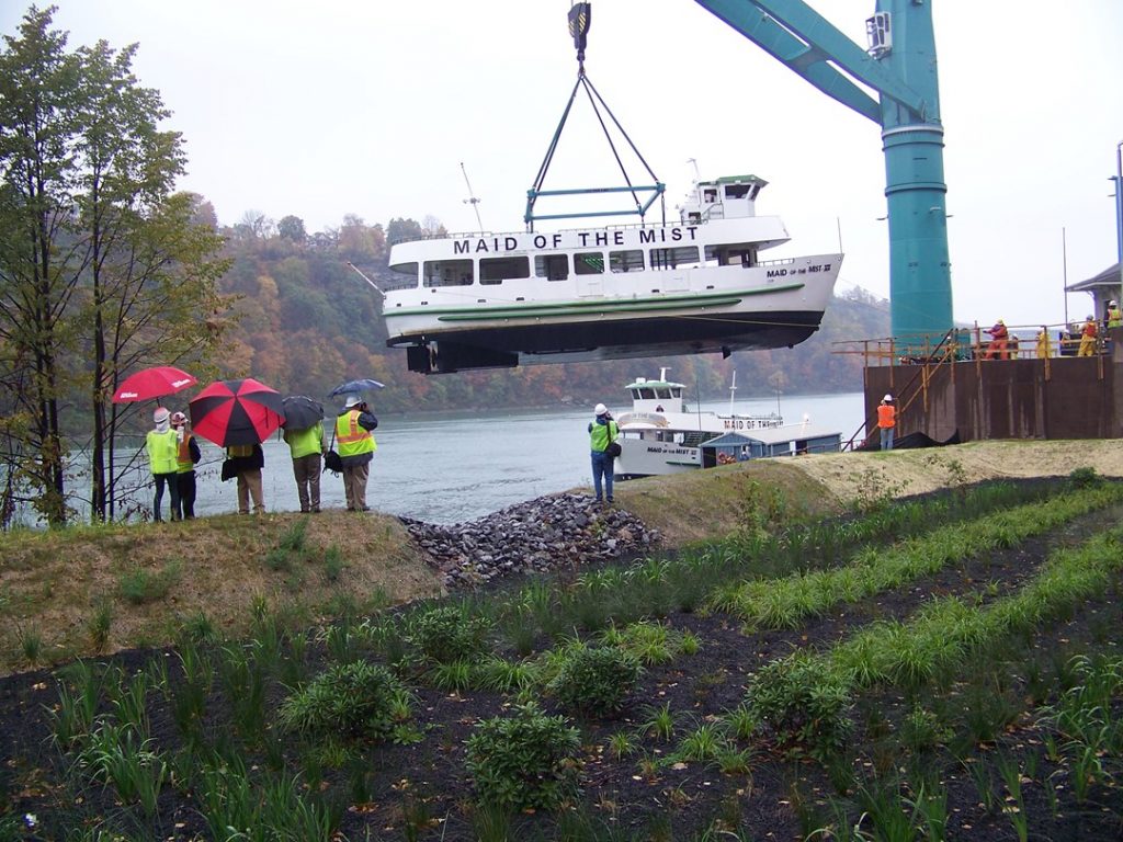 The Maid of the Mist VII is lifted out of the Niagara River onto the new drydock facility in Niagara Falls, N.Y..